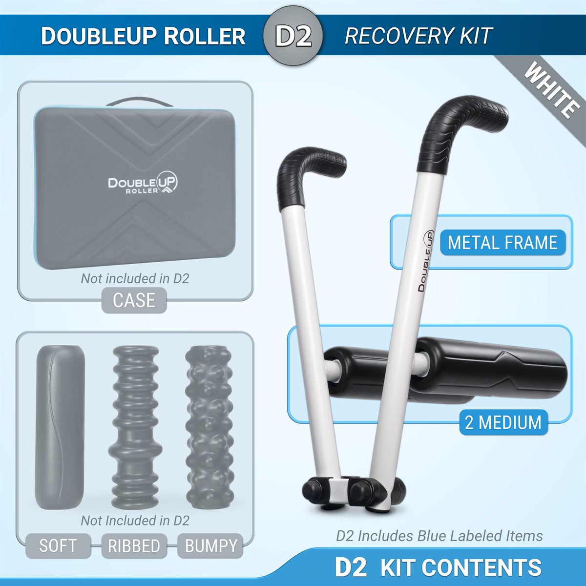 DoubleUP Roller D2 Recovery Kit White, showing all included kit contents, and some optional additional rollers and a case.