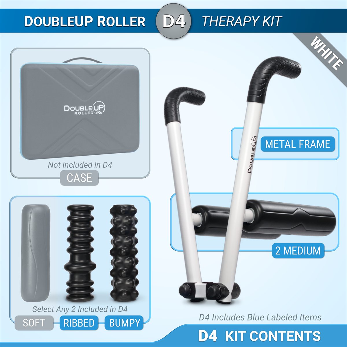 DoubleUP Roller D4 Therapy Kit White, showing all included kit contents, and some optional additional rollers and a case.