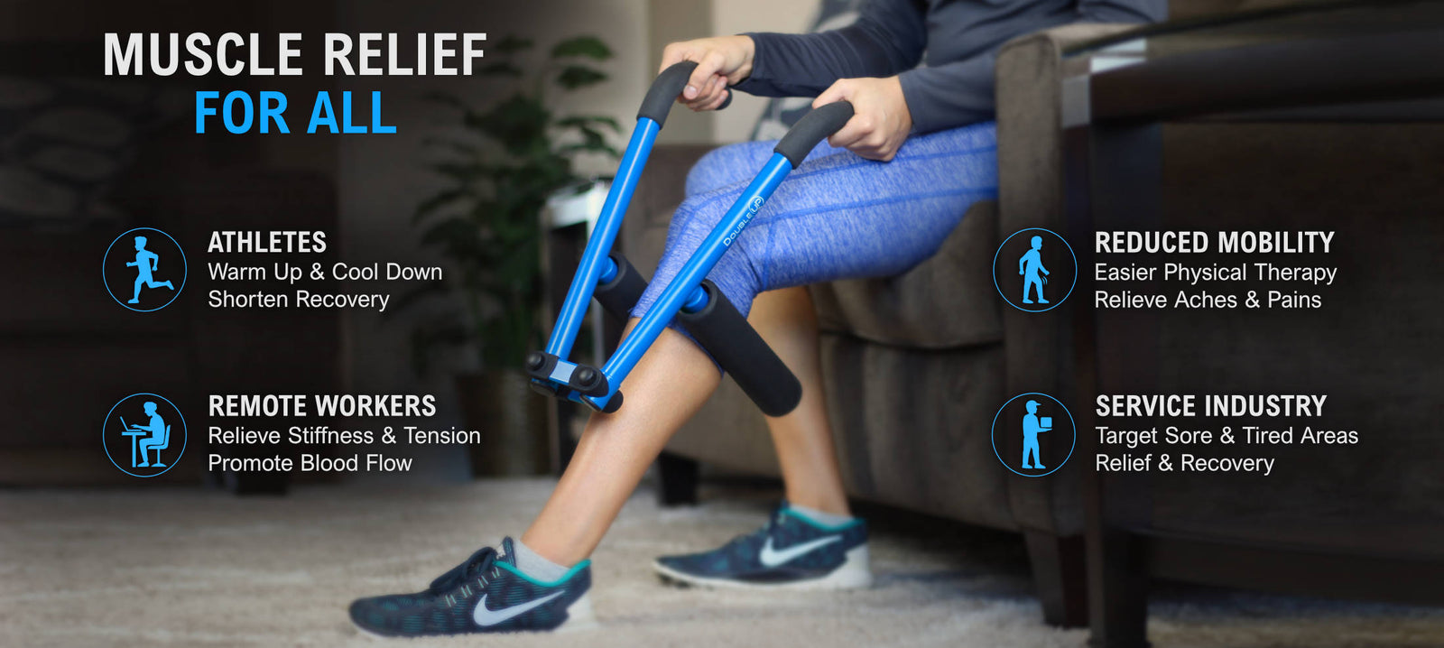Woman using DoubleUP Roller while sitting on a sofa
