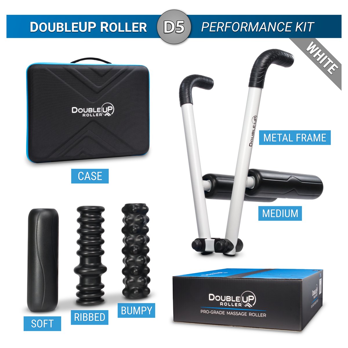 DoubleUp Roller D5 Performance Kit in white, showing the white and black massage roller, its black carrying case, three textured massage heads (soft, ribbed, bumpy), and the retail box on a white background with blue labels.