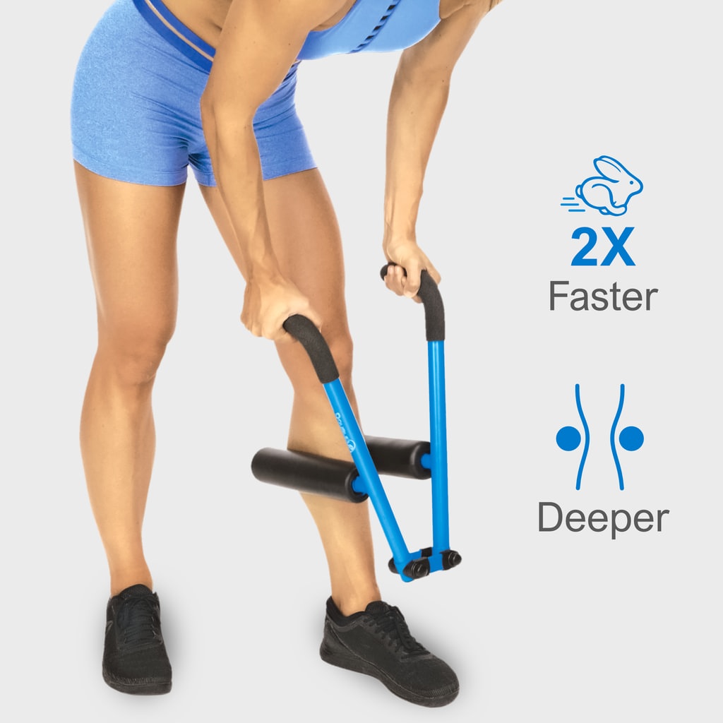 Athlete rolling her calf with dual rollers for 2x faster and deeper massage