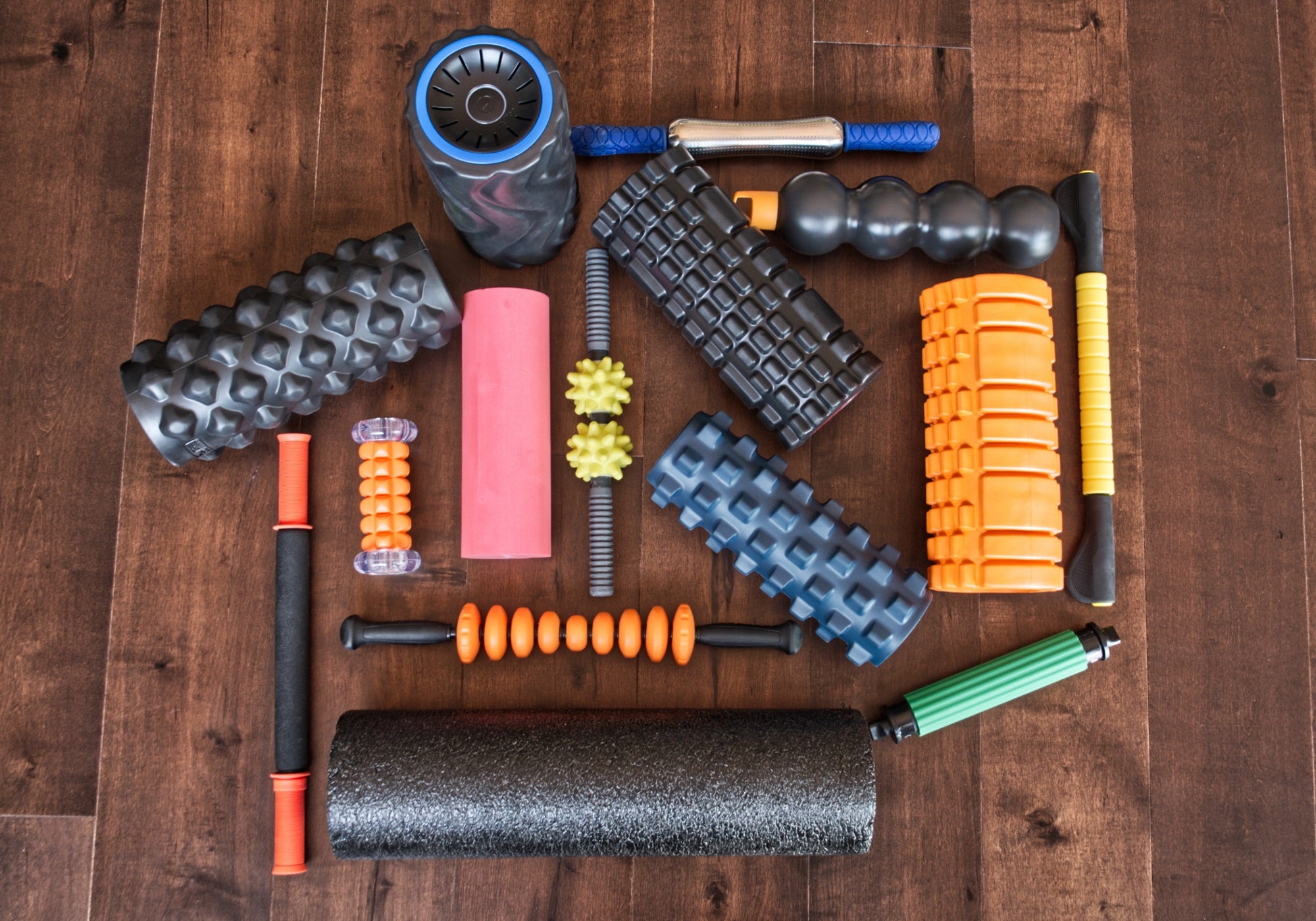 Assortment of different foam and stick muscle rollers